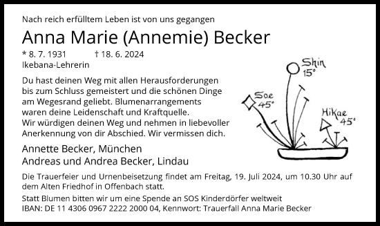 Todesanzeige von Anna Marie Becker von OF