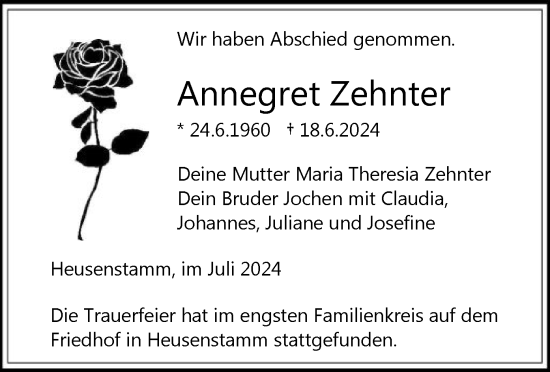 Todesanzeige von Annegret Zehnter von OF