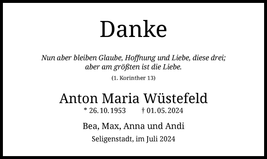 Todesanzeige von Anton Maria Wüstefeld von OF