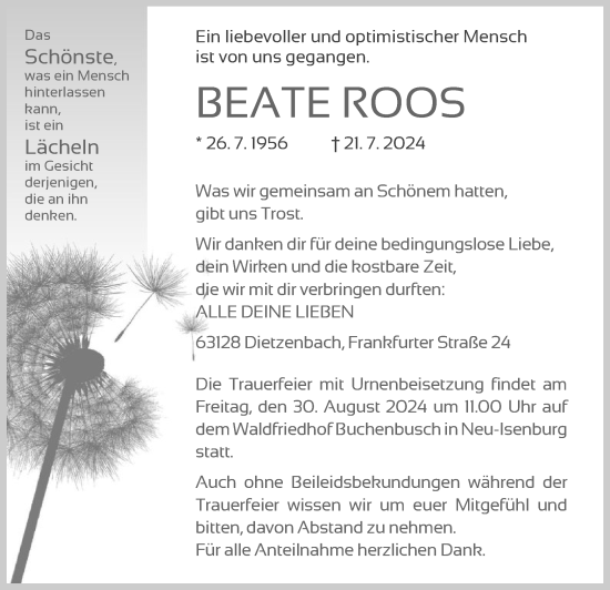 Todesanzeige von Beate Roos von OFOF