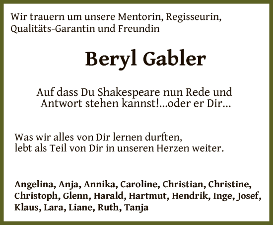 Todesanzeige von Beryl Gabler von OF