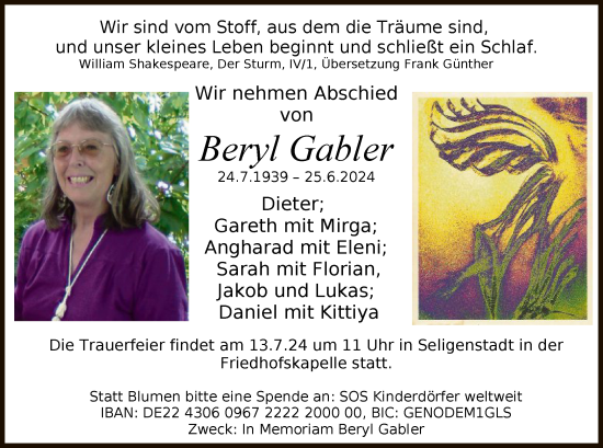 Todesanzeige von Beryl Gabler von OF