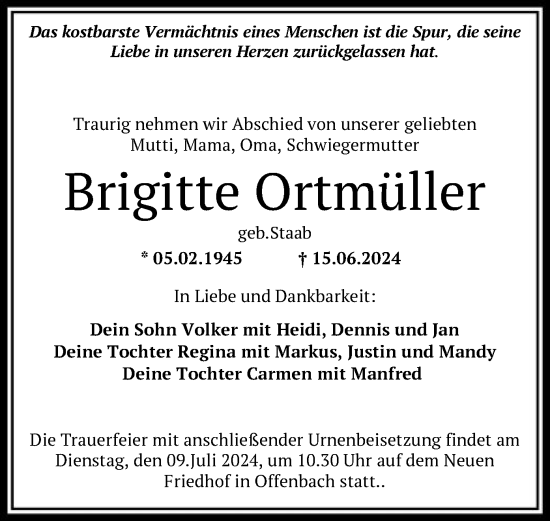 Todesanzeige von Brigitte Ortmüller von OF