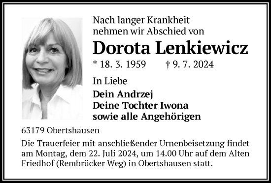 Todesanzeige von Dorota Lenkiewicz von OF