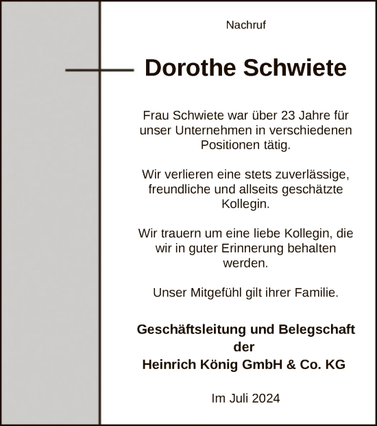 Todesanzeige von Dorothe Schwiete von OF