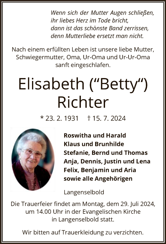 Todesanzeige von Elisabeth Richter von OF