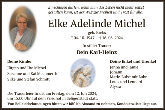 Todesanzeige von Elke Adelinde Michel von OF