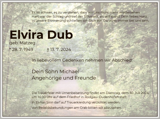 Todesanzeige von Elvira Dub von OF