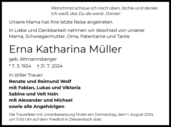 Todesanzeige von Erna Katharina Müller von OF