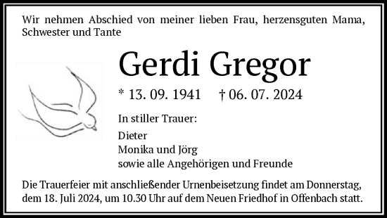 Todesanzeige von Gerdi Gregor von OF