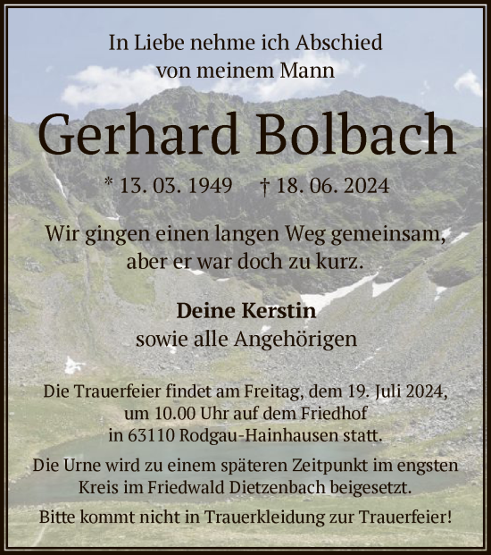 Todesanzeige von Gerhard Bolbach von OF