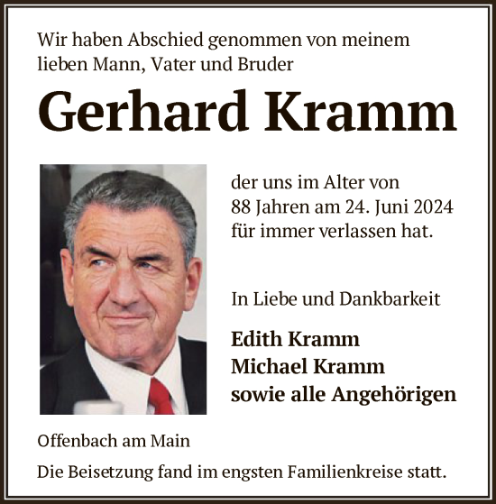 Todesanzeige von Gerhard Kramm von OF