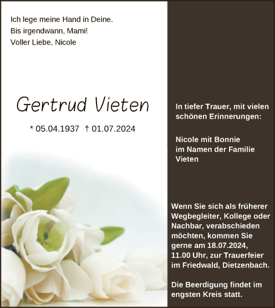 Todesanzeige von Gertrud Vieten von OF