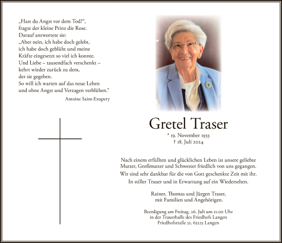 Todesanzeige von Gretel Traser von OF
