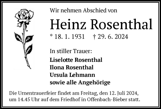 Todesanzeige von Heinz Rosenthal von OF