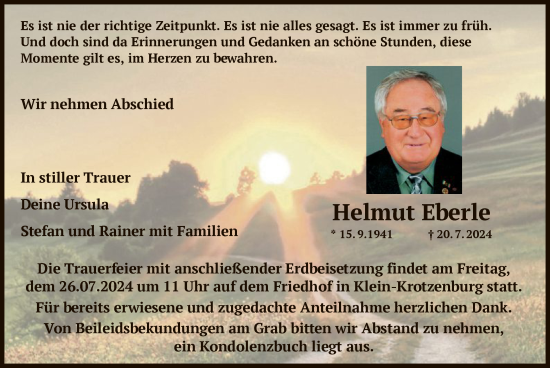 Todesanzeige von Helmut Eberle von OF