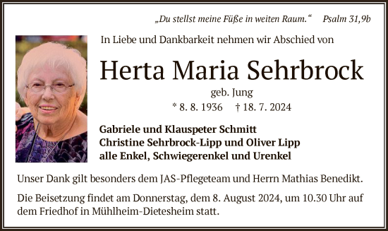 Todesanzeige von Herta Maria Sehrbrock von OF