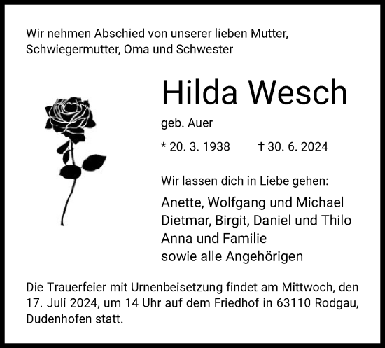 Todesanzeige von Hilda Wesch von OF