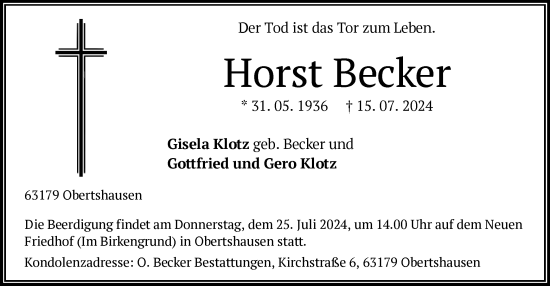 Todesanzeige von Horst Becker von OF