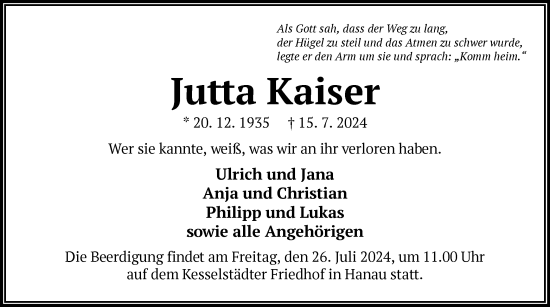 Todesanzeige von Jutta Kaiser von OF