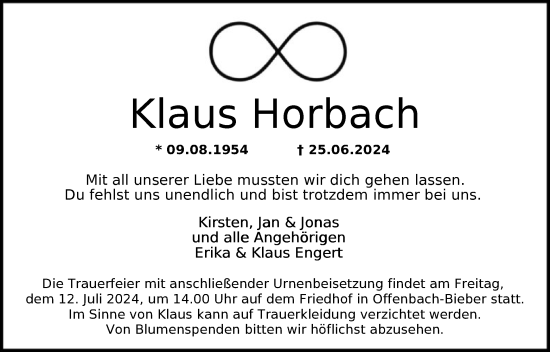 Todesanzeige von Klaus Horbach von OF
