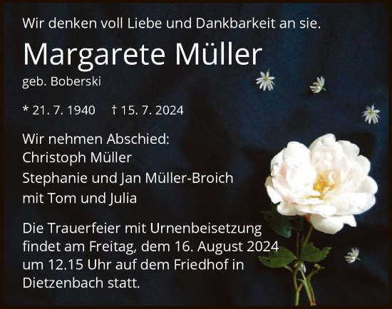 Todesanzeige von Margarete Müller von OF