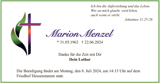 Todesanzeige von Marion Menzel von OF