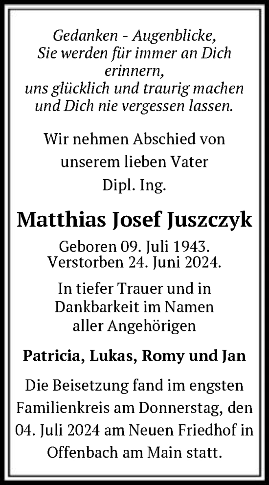 Todesanzeige von Matthias Josef Juszczyk von OF