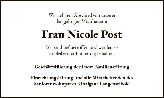 Todesanzeige von Nicole Post von OF