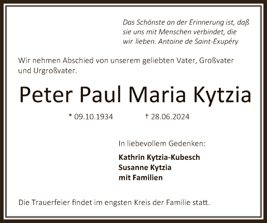 Todesanzeige von Peter Paul Maria Kytzia von OF