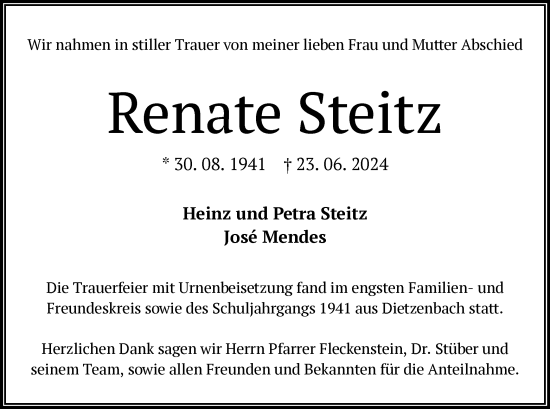 Todesanzeige von Renate Steitz von OF