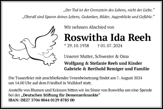 Todesanzeige von Roswitha Ida Reeh von OF