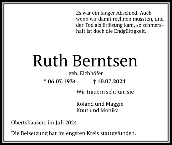 Todesanzeige von Ruth Berntsen von OF