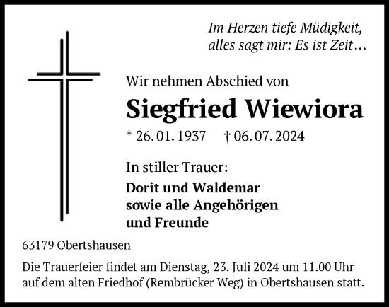Todesanzeige von Siegfried Wiewiora von OF