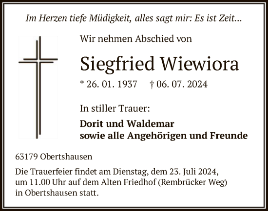 Todesanzeige von Siegfried Wiewiora von OF