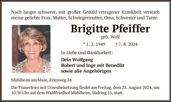 Todesanzeige von Brigitte Pfeiffer von OF