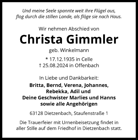 Todesanzeige von Christa Gimmler von OF