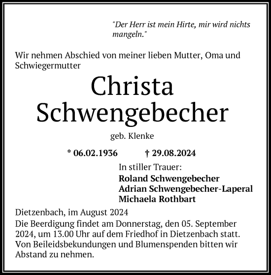 Todesanzeige von Christa Schwengebecher von OF