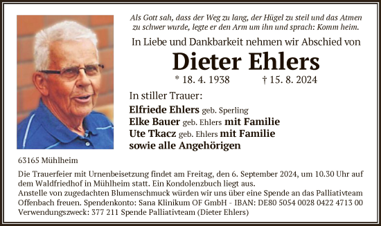 Todesanzeige von Dieter Ehlers von OF