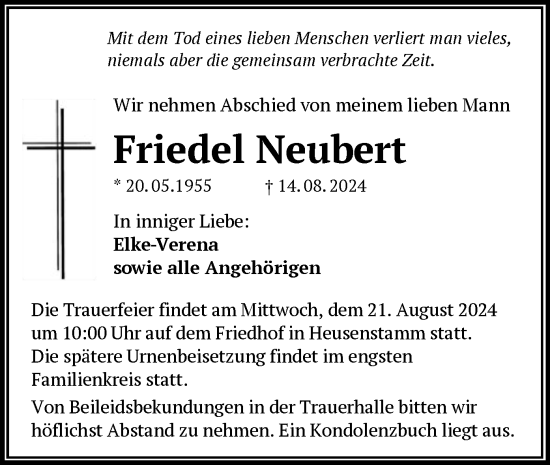 Todesanzeige von Friedel Neubert von OF