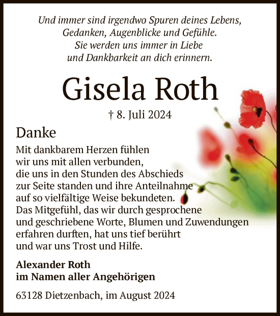 Todesanzeige von Gisela Roth von OF