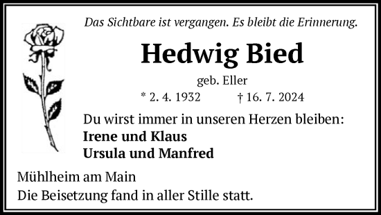 Todesanzeige von Hedwig Bied von OF