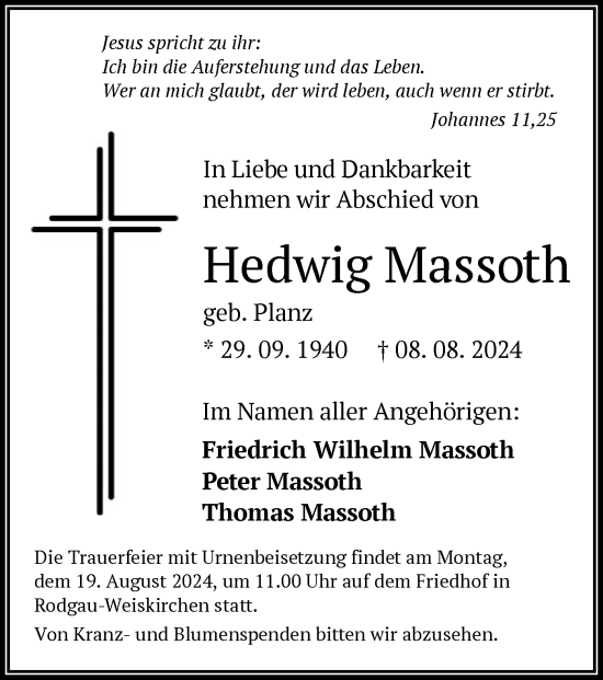 Todesanzeige von Hedwig Massoth von OF