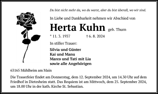 Todesanzeige von Herta Kuhn von OF