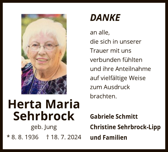 Todesanzeige von Herta Maria Sehrbrock von OF