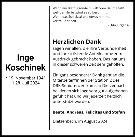 Todesanzeige von Inge Koschinek von OF