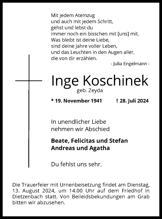 Todesanzeige von Inge Koschinek von OF