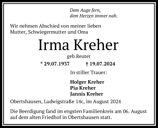 Todesanzeige von Irma Kreher von OF