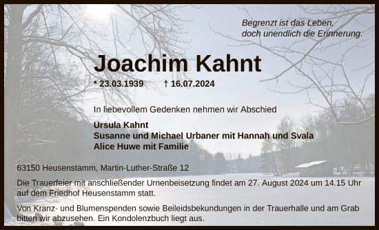 Todesanzeige von Joachim Kahnt von OF