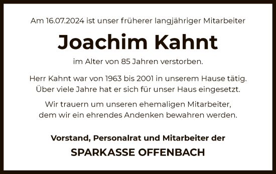 Todesanzeige von Joachim Kahnt von OF